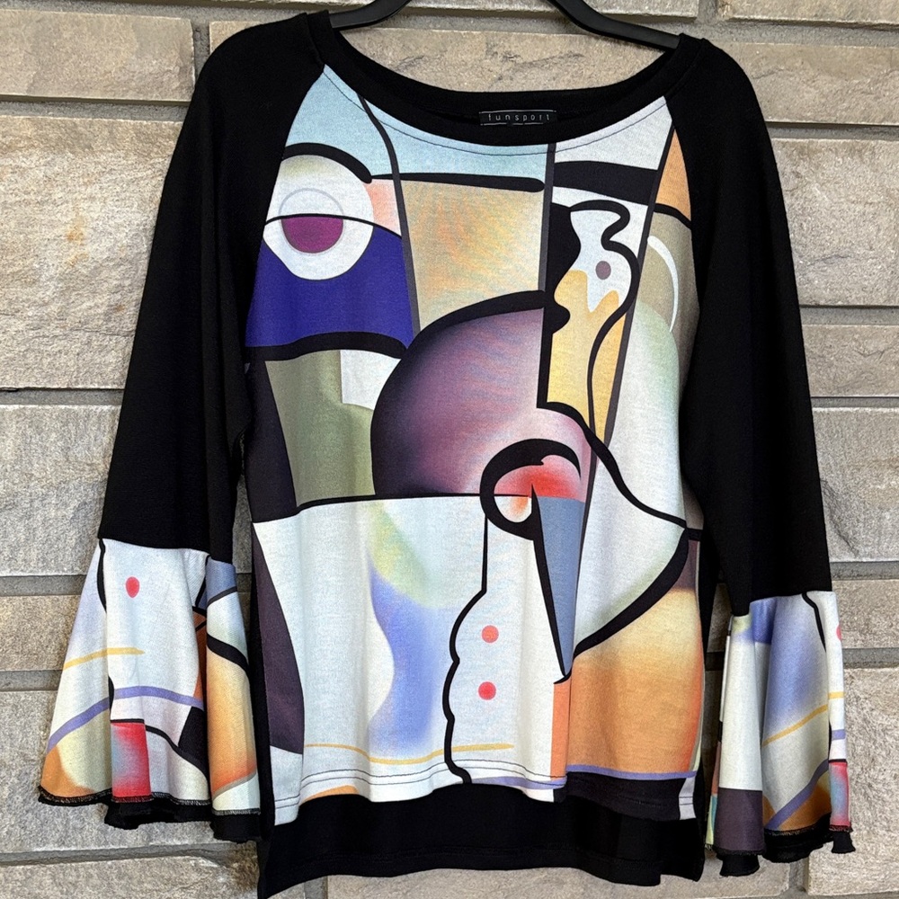 Abstract Colorblock Bell-Sleeve Top